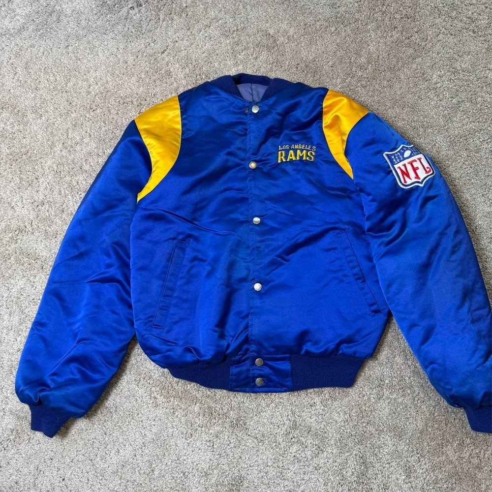 Vintage 80s 90s LA Rams Snap Bomber Jacket Blue Gold NFL Satin Fits Small-Medium